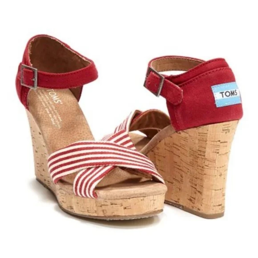 Toms | Red Open Toe Cork Wedges